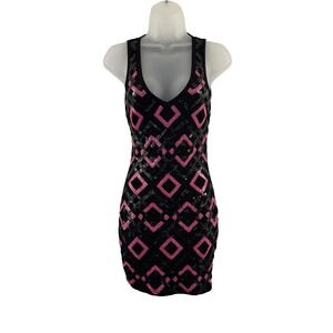 Bebe Dress Womens XS Black Sequin Bodycon Scoop Neck Mesh Cutout Mini Party Y2K